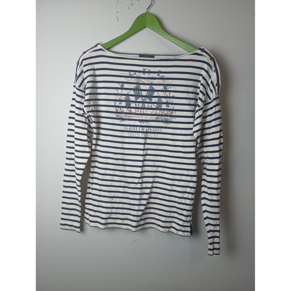 Lauren Ralph Lauren Striped Boat Neck Graphic Long Sleeve Shirt Navy White M